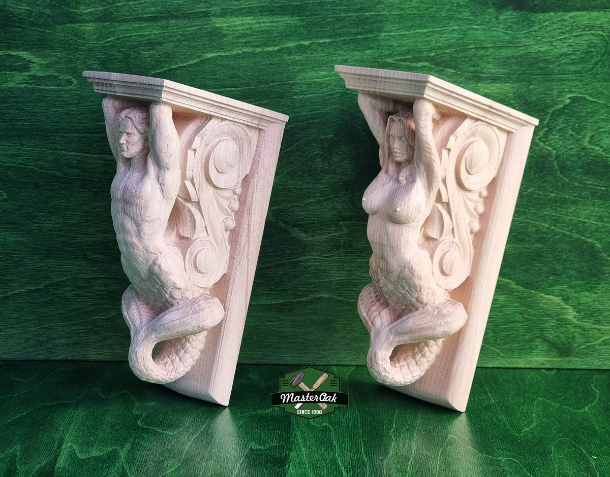 Mermaid and Merman corbels of wood, Unpainted, Decorative Carved Wooden Corbel, 1pc, Home Wall Embellishments, marine theme decor