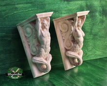 Load image into Gallery viewer, Mermaid and Merman corbels of wood, Unpainted, Decorative Carved Wooden Corbel, 1pc, Home Wall Embellishments, marine theme decor
