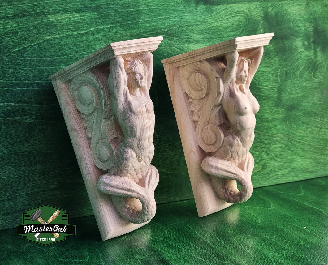 Mermaid and Merman corbels of wood, Unpainted, Decorative Carved Wooden Corbel, 1pc, Home Wall Embellishments, marine theme decor