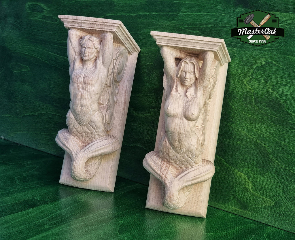 Mermaid and Merman corbels of wood, Unpainted, Decorative Carved Wooden Corbel, 1pc, Home Wall Embellishments, marine theme decor