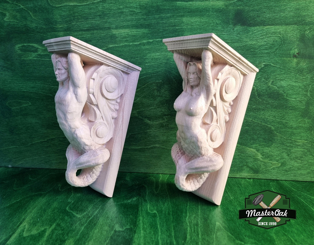 Mermaid and Merman corbels of wood, Unpainted, Decorative Carved Wooden Corbel, 1pc, Home Wall Embellishments, marine theme decor