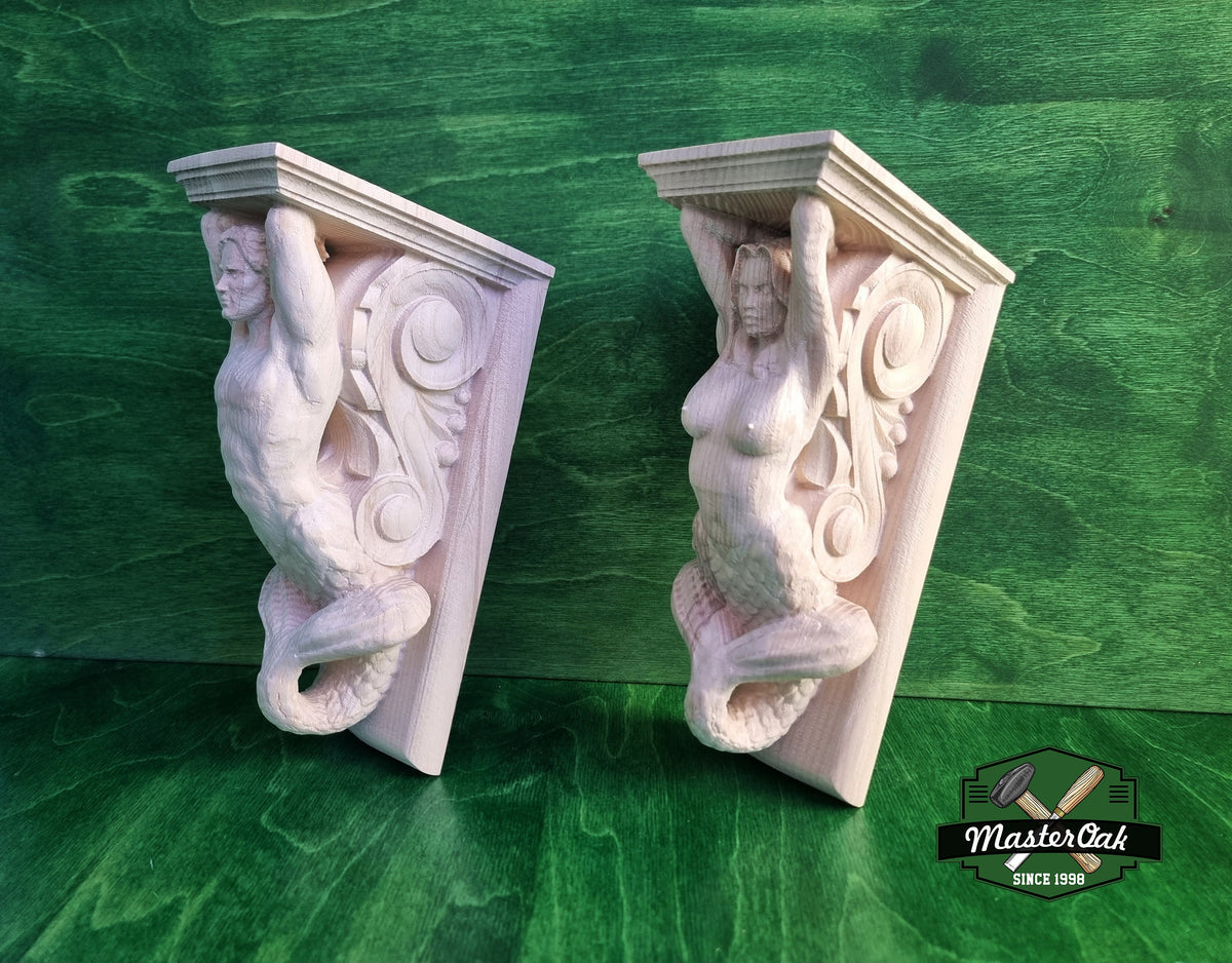 Mermaid and Merman corbels of wood, Unpainted, Decorative Carved Wooden Corbel, 1pc, Home Wall Embellishments, marine theme decor