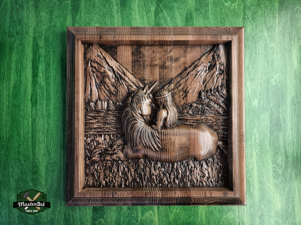 Unicorn Wooden Panel of wood , Room accent, Handcrafted Wooden Carving