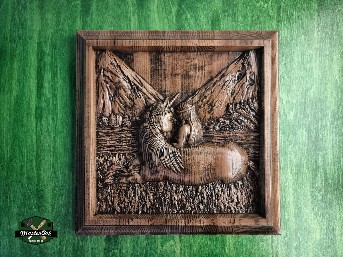 Unicorn Wooden Panel of wood , Room accent, Handcrafted Wooden Carving