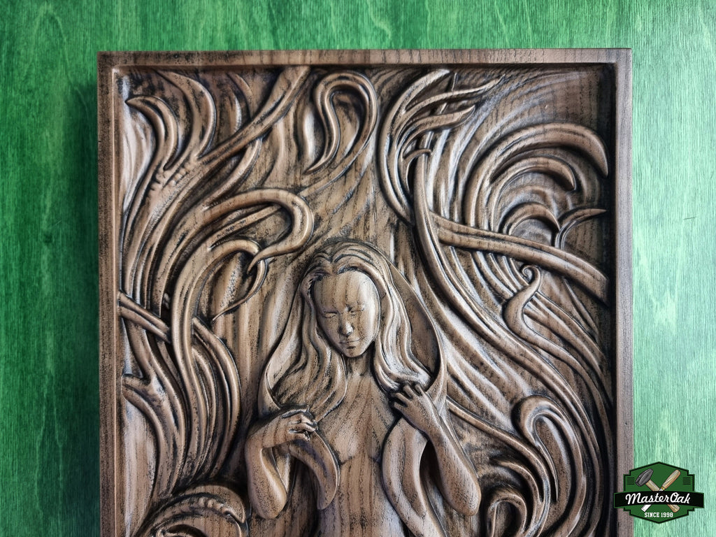 Wooden Panel of a Girl with Flowing Hair , Wall art, Designer wall decoration, Wood carved gift