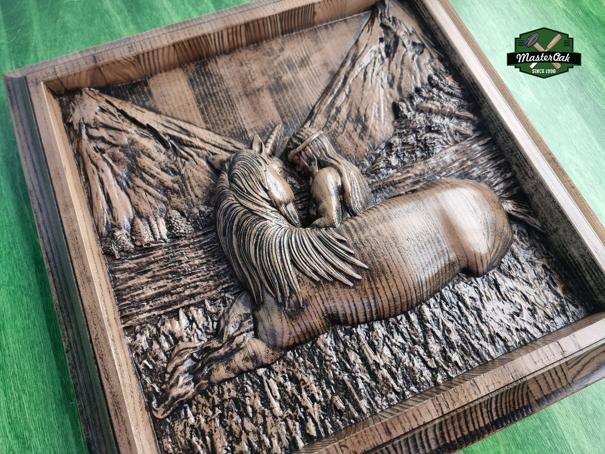 Unicorn Wooden Panel of wood , Room accent, Handcrafted Wooden Carving