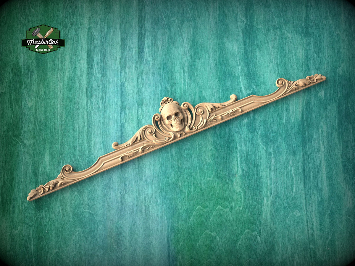 Skull Onlay above the entrance, Large oak floral center onlay with skull, horizontal decor, carved decoration of wood, wooden onlay