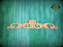 Load image into Gallery viewer, Wooden scrolled center applique, Unpainted wall embellishments, carved flower, horizontal decor, carved decoration of wood, wooden onlay
