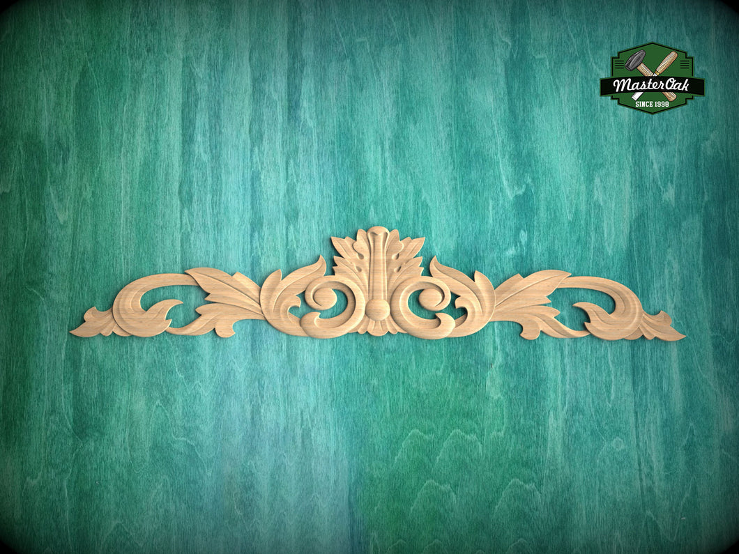 Wooden scrolled center applique, Unpainted wall embellishments, carved flower, horizontal decor, carved decoration of wood, wooden onlay
