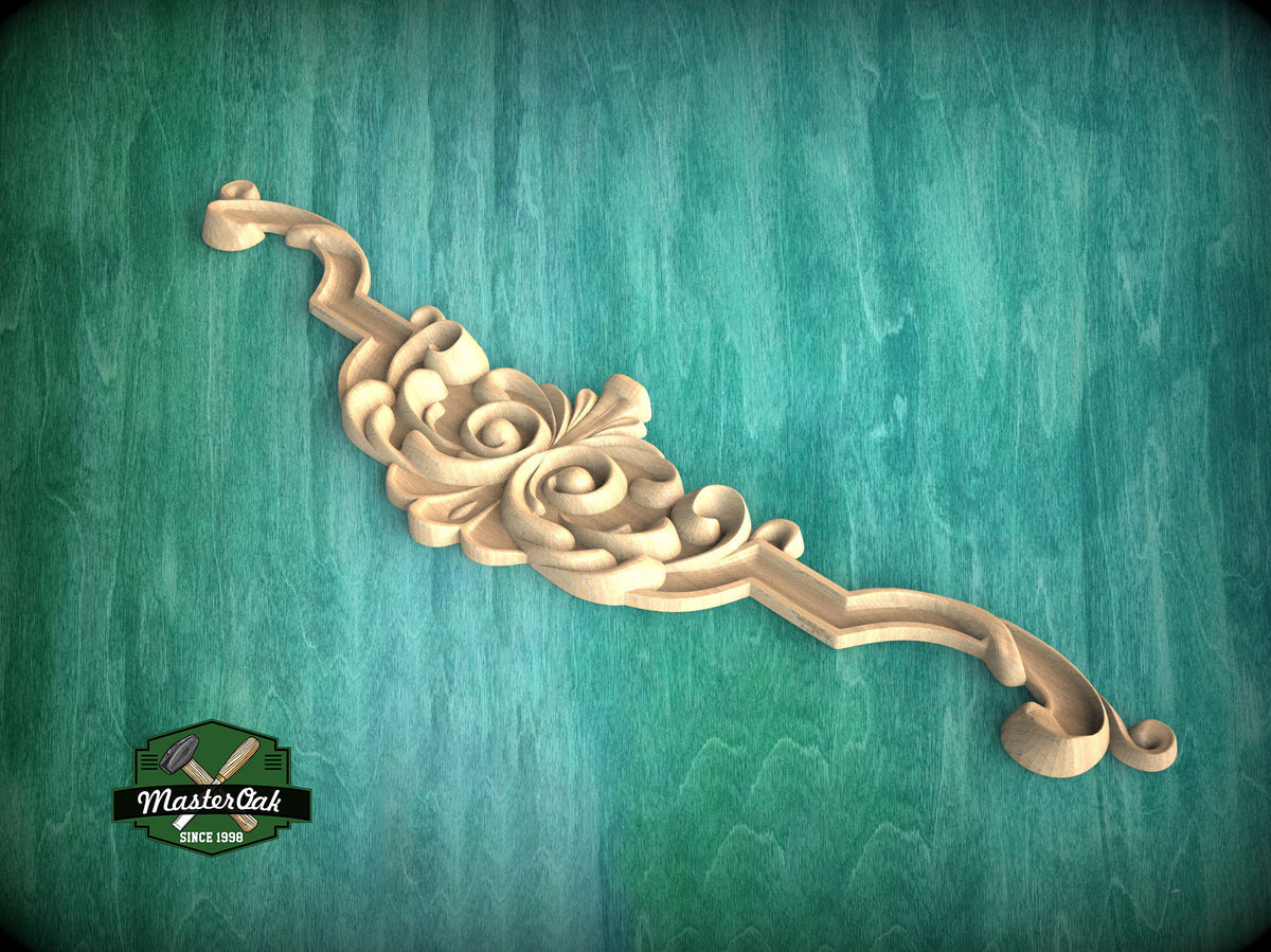 Floral Wooden Design, Wooden Carved Horizontal Furniture Applique Onlay, 1pc, Unfinished, Furniture Carving, Wood Onlay