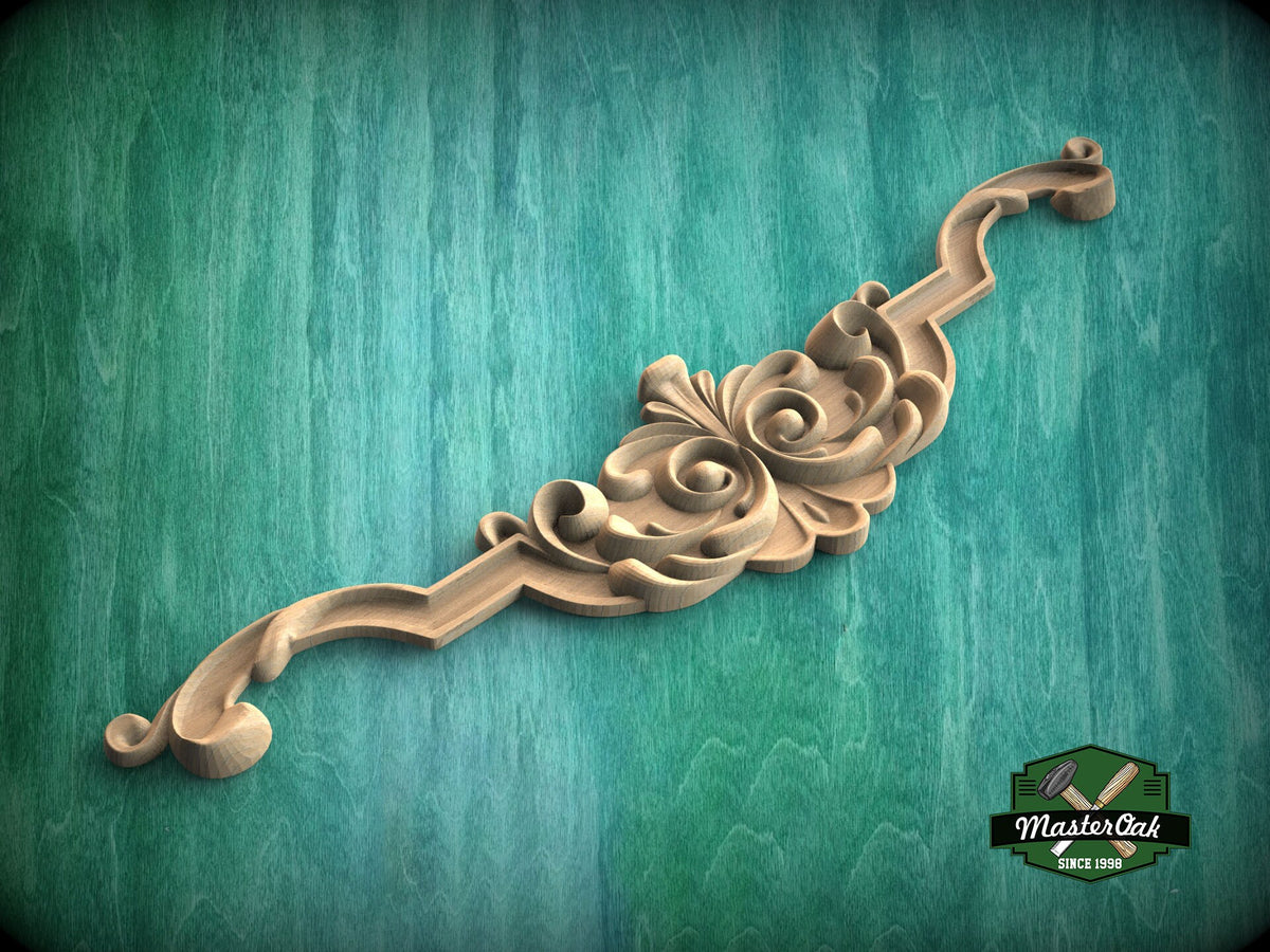 Floral Wooden Design, Wooden Carved Horizontal Furniture Applique Onlay, 1pc, Unfinished, Furniture Carving, Wood Onlay
