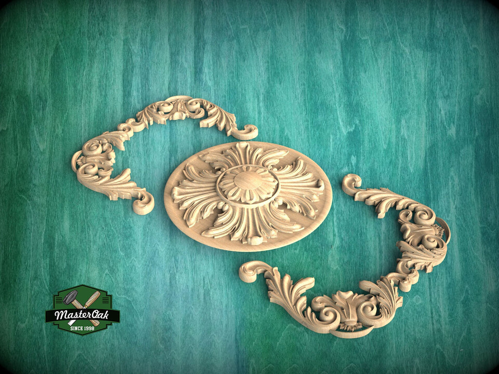 Rococo Style Wooden Carving with Center Medallion for Classic Elegance, 1pc, Unfinished, Home Wall Embellishments, Furniture Wood Onlay