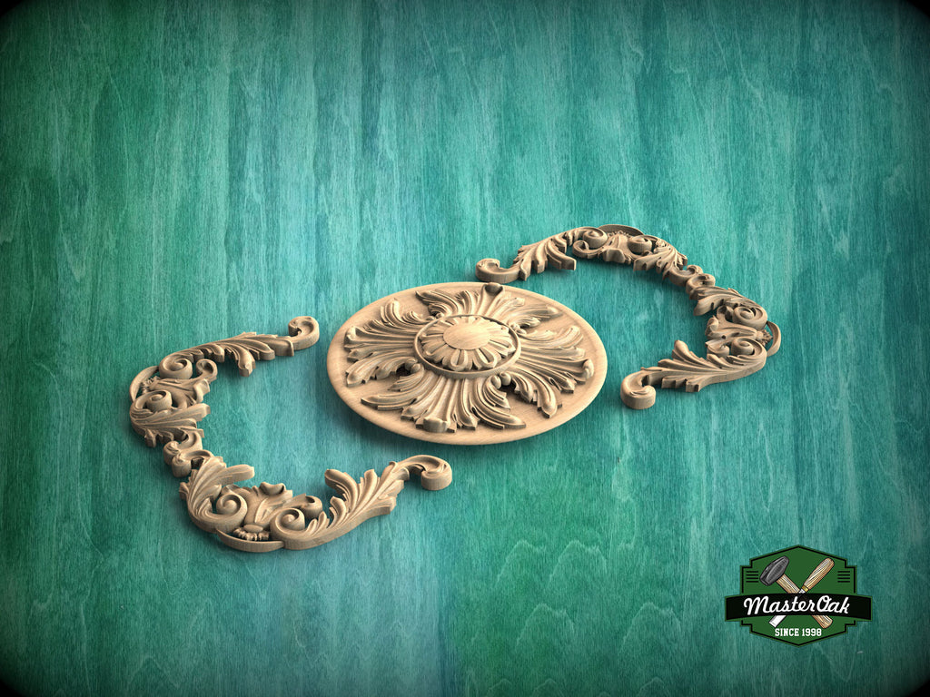 Rococo Style Wooden Carving with Center Medallion for Classic Elegance, 1pc, Unfinished, Home Wall Embellishments, Furniture Wood Onlay