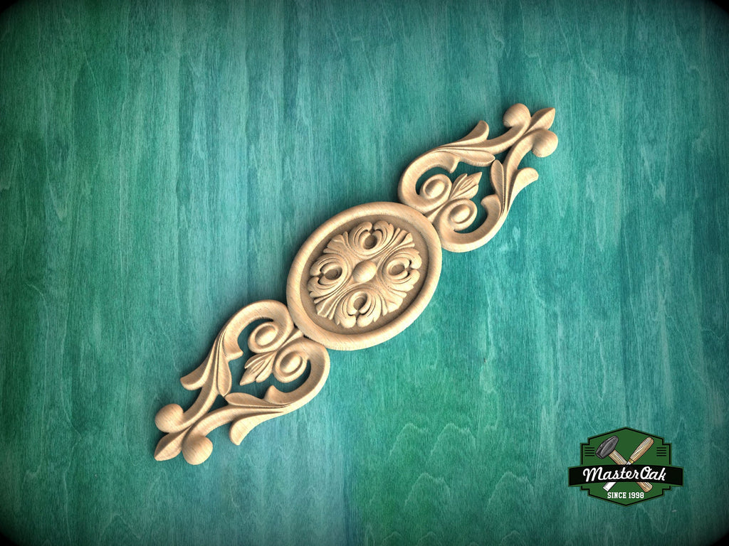 Classic Wooden Rosette Applique with Scrollwork Accents, Home Wall Embellishments, Furniture Carving, Wood Onlay, 1pc, Unfinished