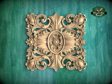 Load image into Gallery viewer, Majestic Wooden Baroque Applique with Central Symmetrical Flower, 1pc, Home Wall Embellishments, Furniture Carving, Wood Onlay, Unfinished

