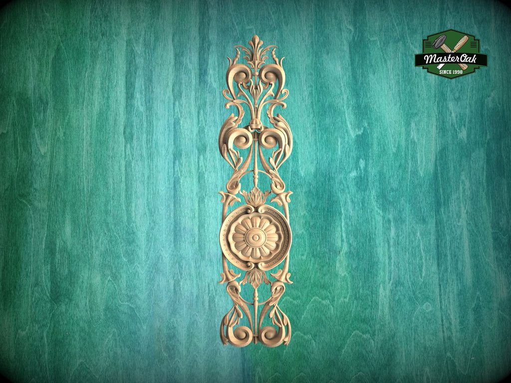 Elongated Renaissance Wooden Applique with Central Rosette, Unpainted, Carved decorative onlays, 1pc, Home Wall Embellishments