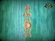 Load image into Gallery viewer, Elongated Renaissance Wooden Applique with Central Rosette, Unpainted, Carved decorative onlays, 1pc, Home Wall Embellishments
