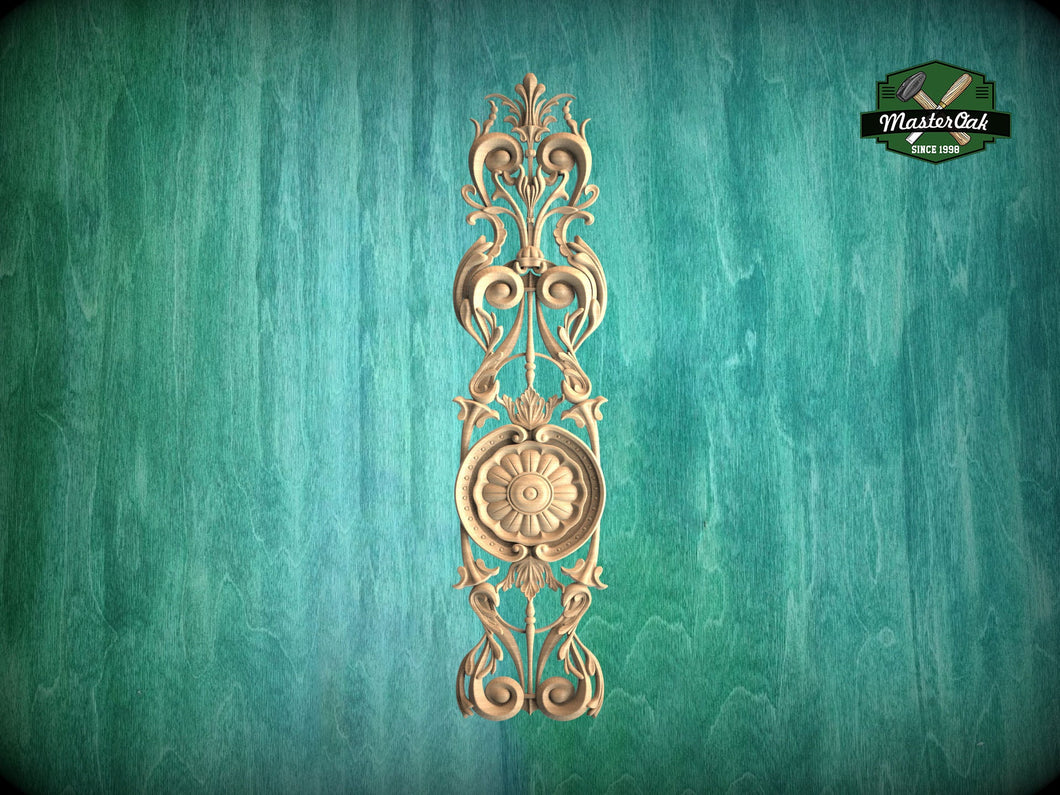 Elongated Renaissance Wooden Applique with Central Rosette, Unpainted, Carved decorative onlays, 1pc, Home Wall Embellishments