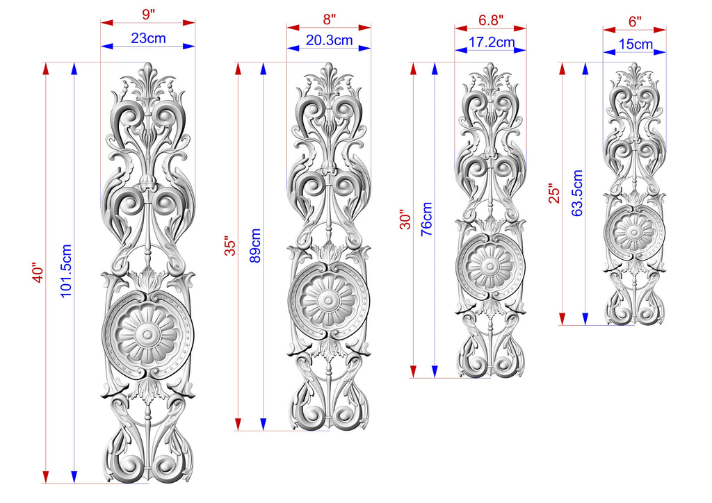 Elongated Renaissance Wooden Applique with Central Rosette, Unpainted, Carved decorative onlays, 1pc, Home Wall Embellishments