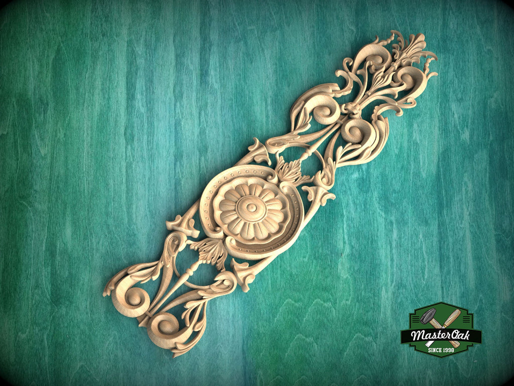 Elongated Renaissance Wooden Applique with Central Rosette, Unpainted, Carved decorative onlays, 1pc, Home Wall Embellishments