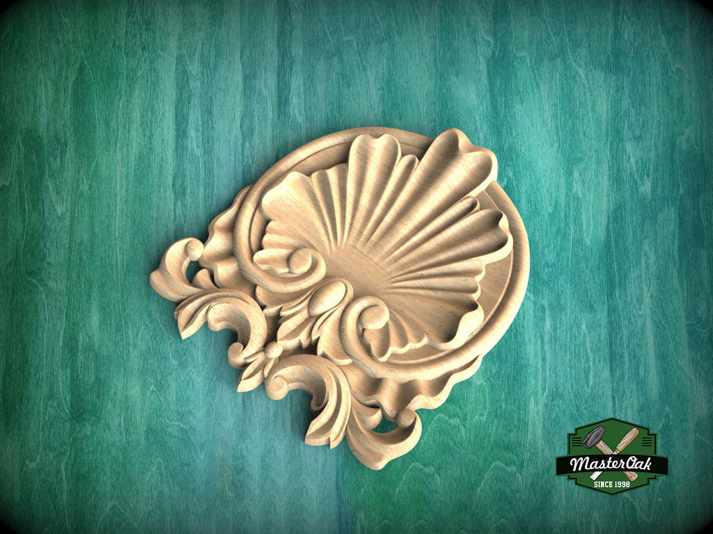 Scallop Shell Wooden Applique with Ornamental Scrolls, Wood Carved Applique Onlay, 1pc,Unpainted Home Wall Embellishments, Furniture Carving