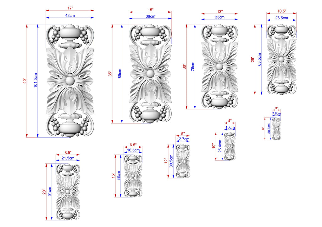 Vertical Symmetrical Acanthus Leaf Wooden Applique, 1pc, Unfinished, Home Wall Embellishments, Furniture Carving, Wood Onlay