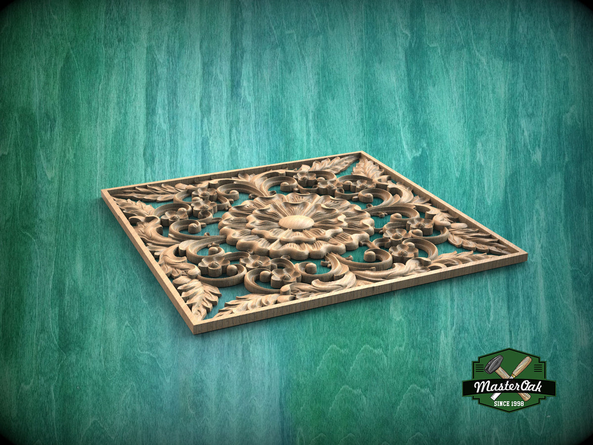 Wooden Carved Medallion with Floral Design, 1pc, Home Wall Embellishments, Furniture Carving, Wood Onlay, Unpainted