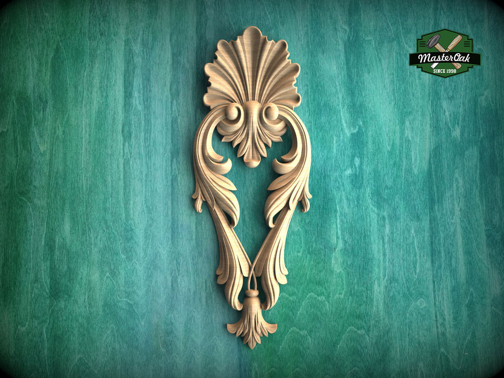 Wooden Acanthus Leaf combined into a shell shape Drop Applique for Classical Decor, Furniture Carving, Wood Onlay, 1pc, Unpainted