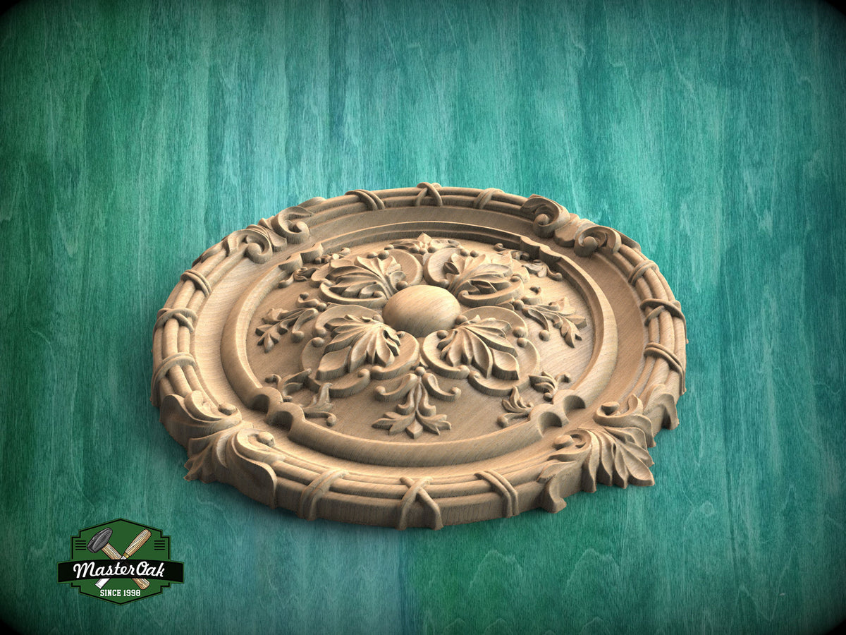 Intricately Carved Wooden Rosette with Classic Foliage Motifs, Unpainted, 1pc, Applique furniture decor DIY