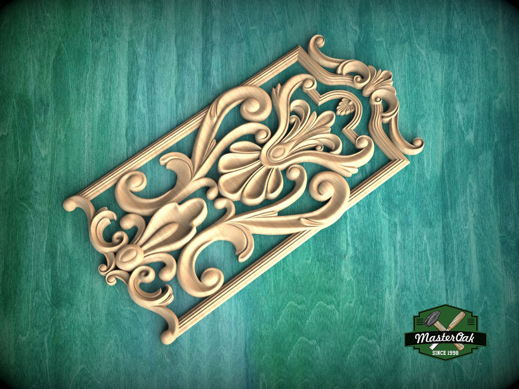 Rectangular Baroque Wooden Panel with Fleur-de-Lis Accent, Carved Wood Onlay, 1pc, Unpainted, Furniture Carving, Wood Onlay