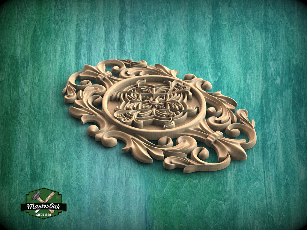 Vertical Ornate Oval Wooden Applique with Floral Centerpiece, 1pc, Unpainted, Home Wall Embellishments, Furniture Carving, Wood Onlay