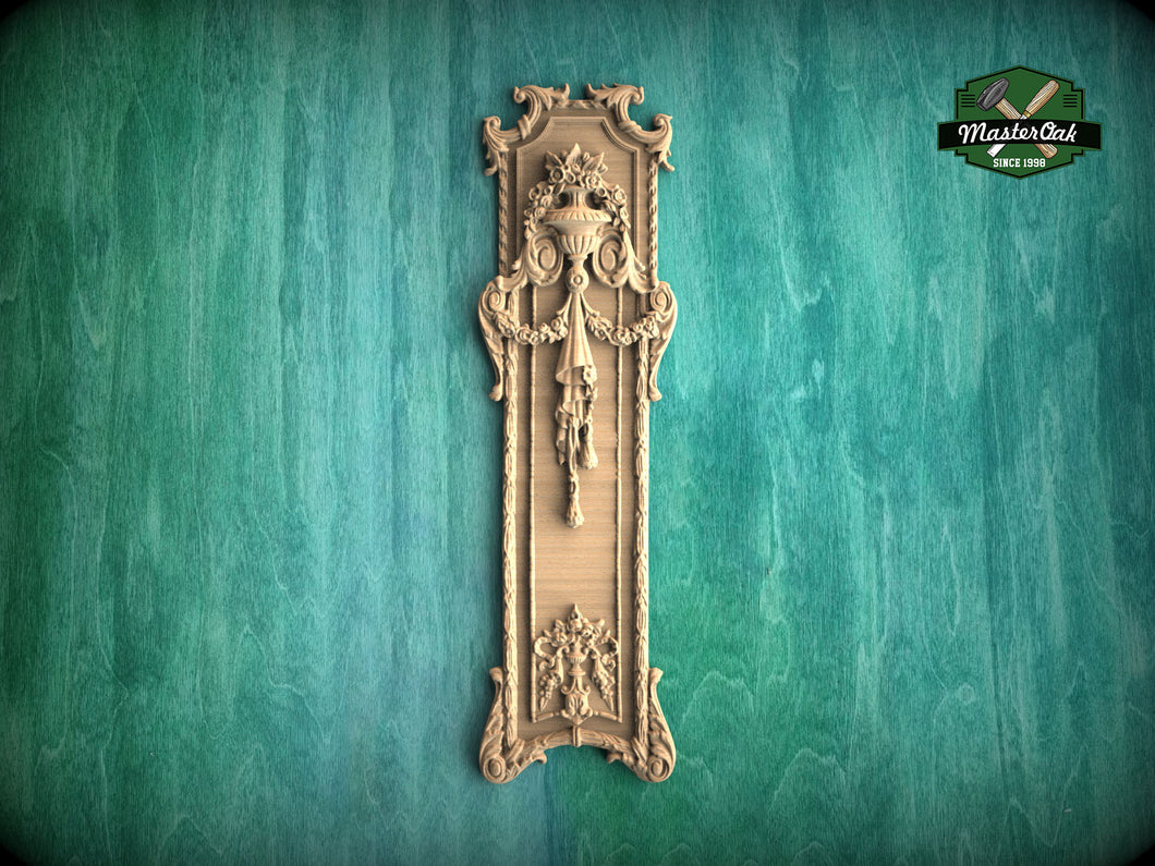 Grandiose Wooden Onlay with Urn and Garland Motifs, 1pc, Unfinished, Home Wall Embellishments, Furniture Carving, Wood Onlay