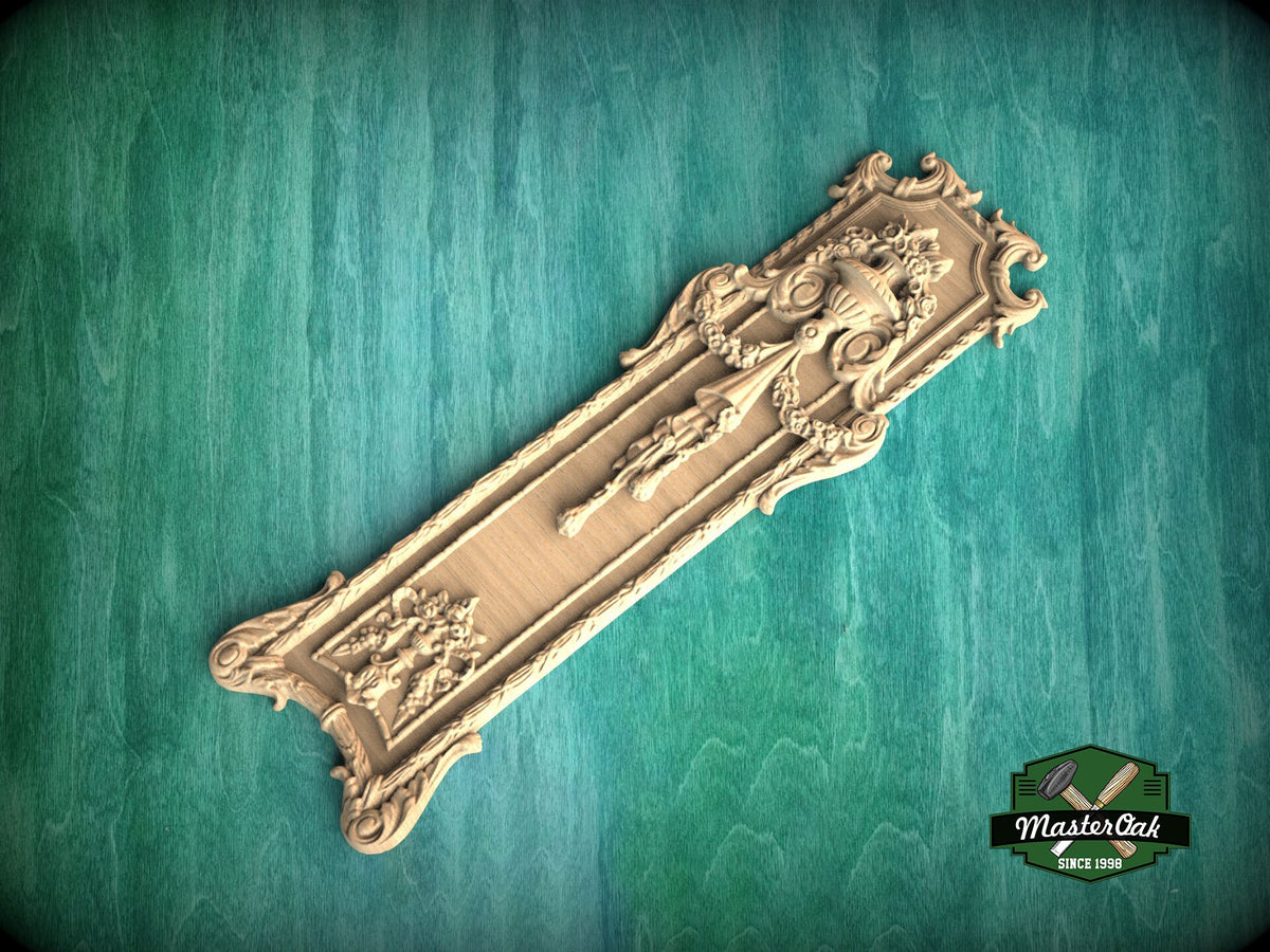 Grandiose Wooden Onlay with Urn and Garland Motifs, 1pc, Unfinished, Home Wall Embellishments, Furniture Carving, Wood Onlay
