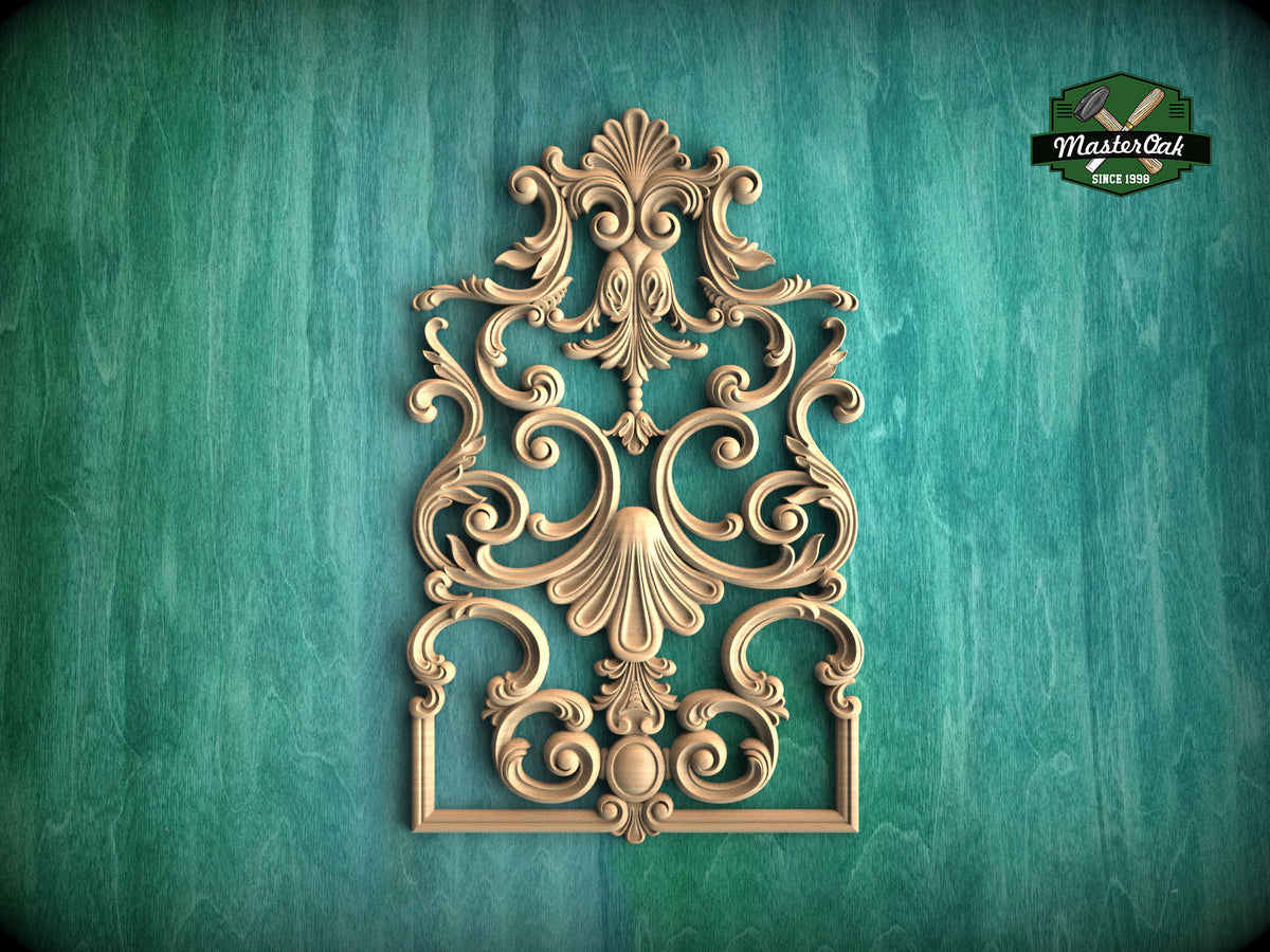 Rococo-Inspired Wooden Carved Onlay with Swirling Foliage, Carved Wood Onlay, 1pc, Unpainted, Furniture Carving, Wood Onlay
