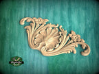 Symmetrical Shell and Floral Wood Carving Onlay, 1 pc, Unpainted, decorative wood trim