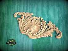 Load image into Gallery viewer, Symmetrical Shell and Floral Wood Carving Onlay, 1 pc, Unpainted, decorative wood trim
