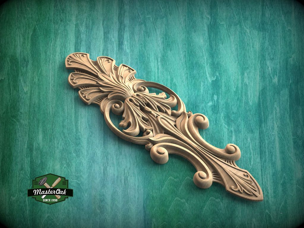 Acanthus Leaf Wood Carving Onlay with Elegant Scrolls, Furniture Carving, Wood Onlay, 1pc, Unpainted