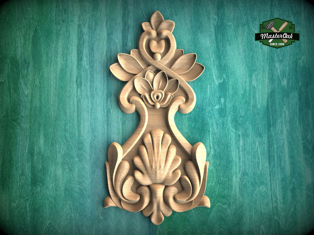 Floral Bouquet Wood Carving Onlay with Decorative Elements,  1pc, Unpainted, Home Wall Embellishments, Furniture Carving, Wood Onlay