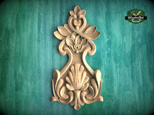 Load image into Gallery viewer, Floral Bouquet Wood Carving Onlay with Decorative Elements,  1pc, Unpainted, Home Wall Embellishments, Furniture Carving, Wood Onlay

