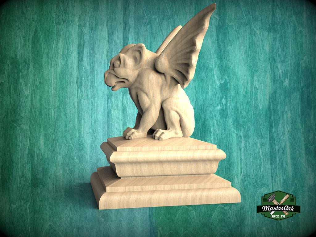 Handcrafted Wooden Gargoyle Sculpture on Tiered Base - Artisanal Gothic Guardian for Home DecorWooden Gargoyle statue cap