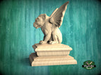 Handcrafted Wooden Gargoyle Sculpture on Tiered Base - Artisanal Gothic Guardian for Home DecorWooden Gargoyle statue cap