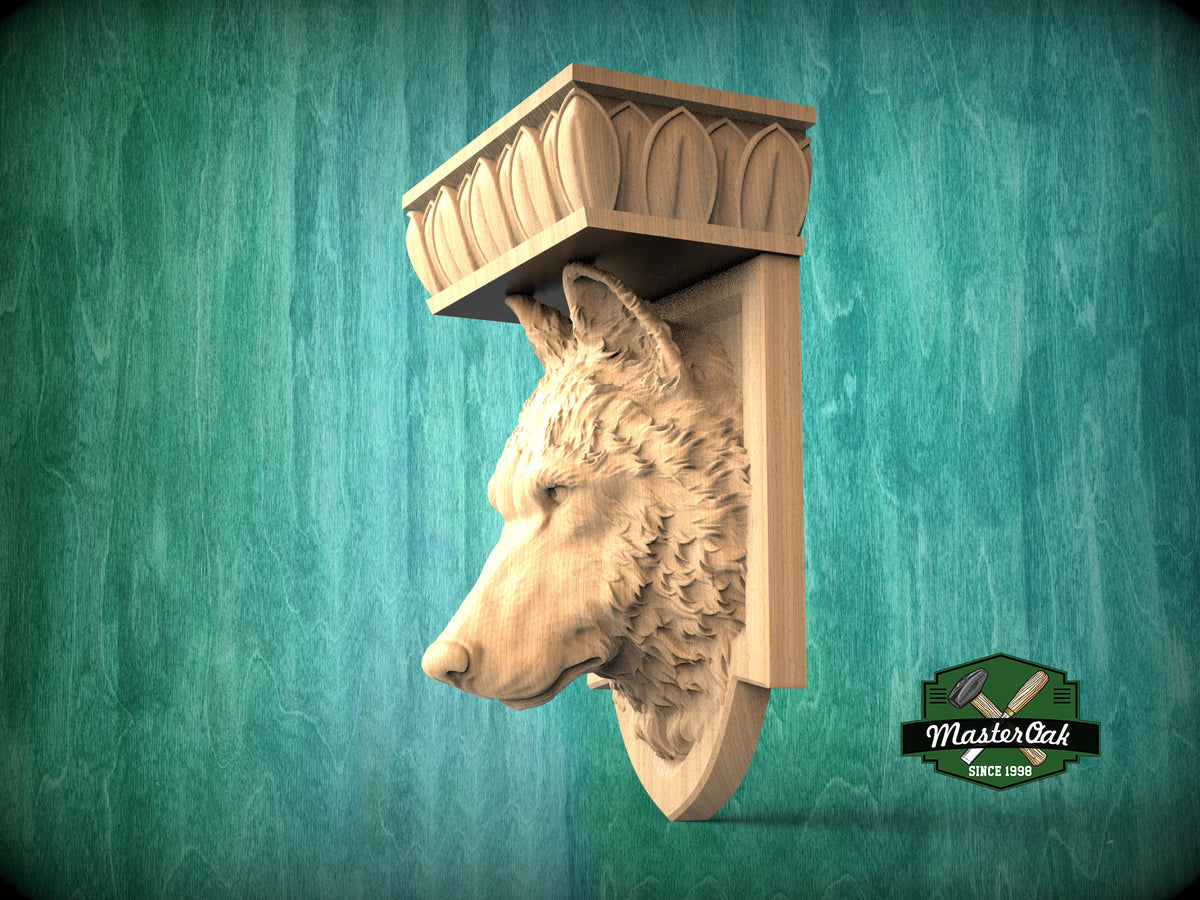 Wolf Head Corbel - Intricately Carved Wooden Wolf Shelf Bracket, Majestic Wolf Wall Accent for Rustic Interiors