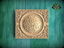 Load image into Gallery viewer, Rectangular Geometric Border Wooden Rosette with Central Filigree, 1 pc, Unpainted
