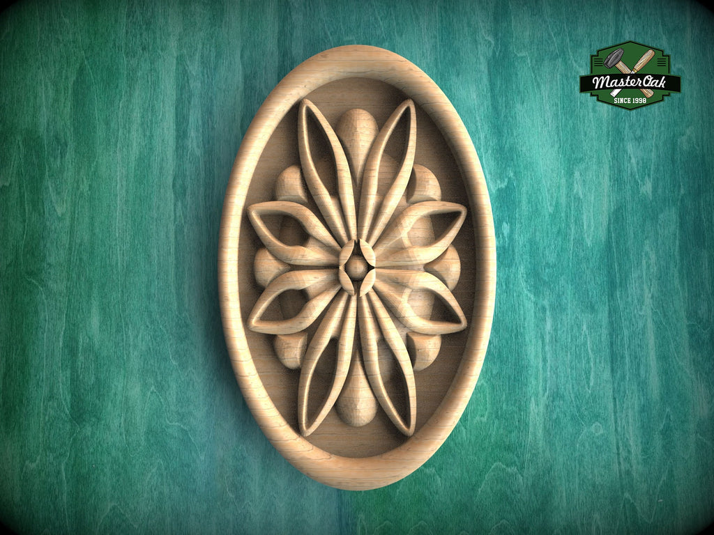 Oval Wooden Rosette with Geometric Petal Design, 1pc, Unpainted, Carved Onlay
