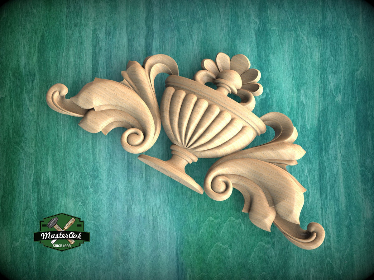 Classic Acanthus Urn Wood Carving – Elegant Neoclassical Wall Decor, Handcrafted Wooden Mantel Ornament, Vintage-Inspired Home Accent