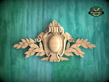 Load image into Gallery viewer, Hand-Carved Wooden Crest cartouche with Acanthus and Laurel Details – Traditional Heraldic Wall Plaque
