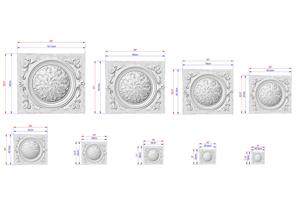Rectangular Geometric Border Wooden Rosette with Central Filigree, 1 pc, Unpainted