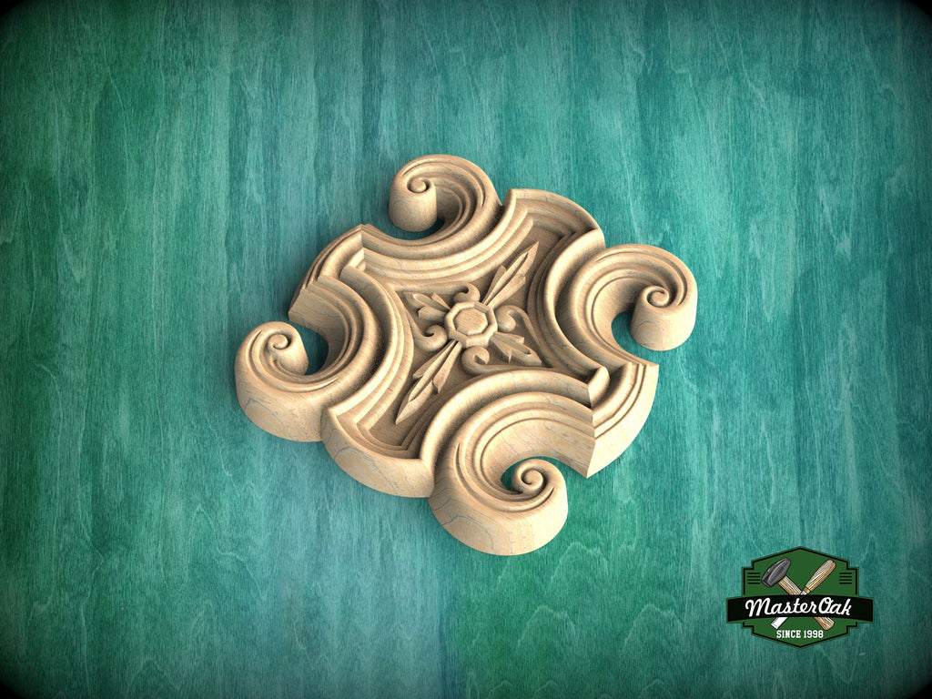 Cross-Shaped Wooden Rosette with Scrollwork, 1 piece, Unpainted, Home Wall Embellishments, square wood onlays, wood wall art decor