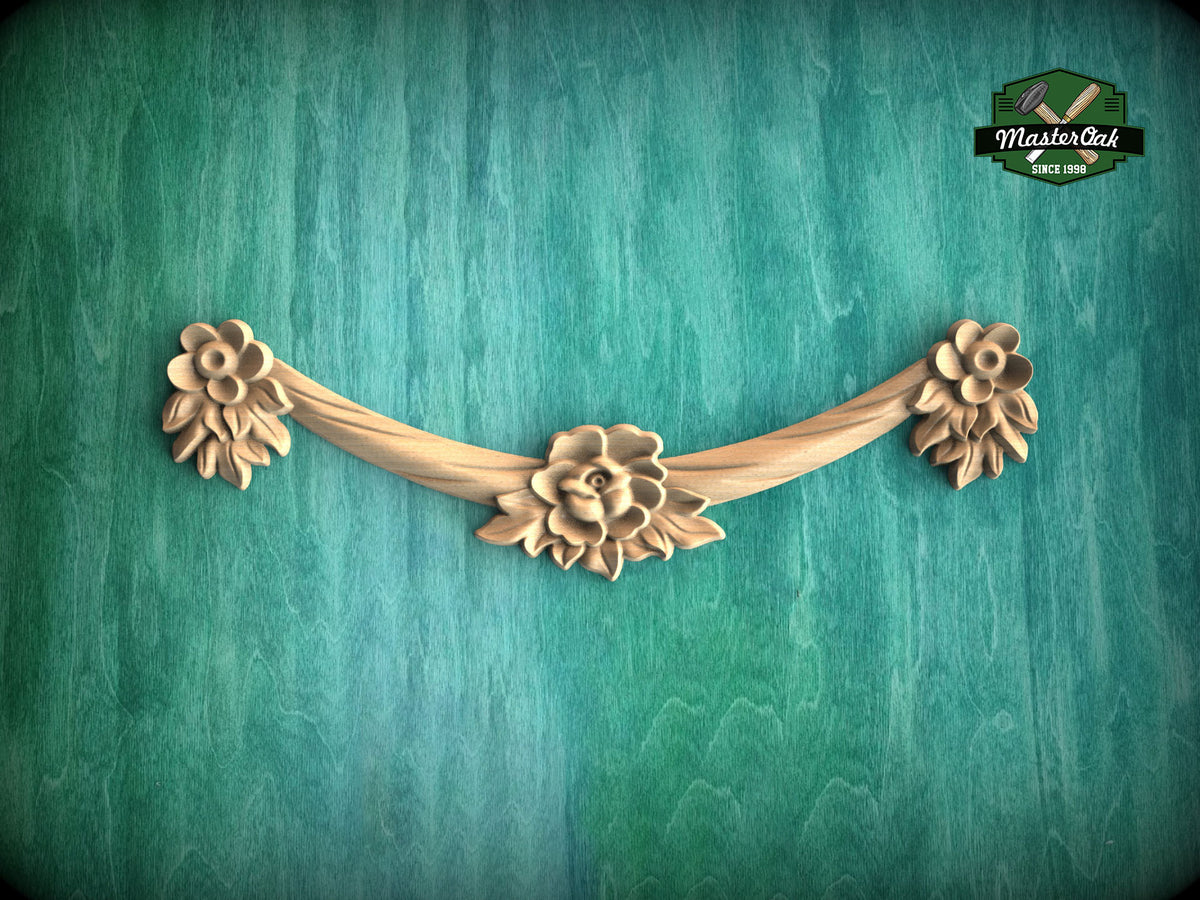 Blossom Elegance Wooden Swag, Carved Wood Aiguillette for Fireplace Mantel, 1pc, Home Wall Embellishments, Furniture Carving, Wood Onlay