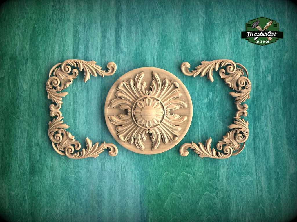Rococo Style Wooden Carving with Center Medallion for Classic Elegance, 1pc, Unfinished, Home Wall Embellishments, Furniture Wood Onlay